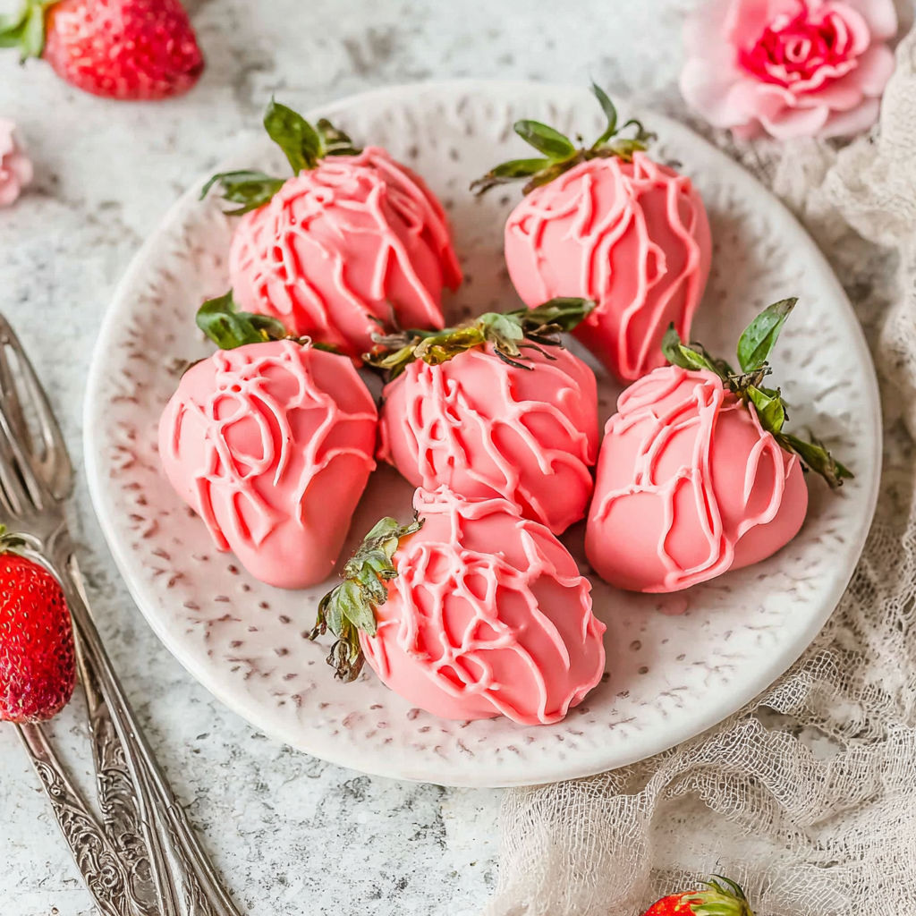 A plate of pink frosted strawberries.