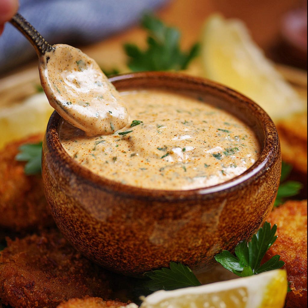 A spoon is scooping up some remoulade sauce.