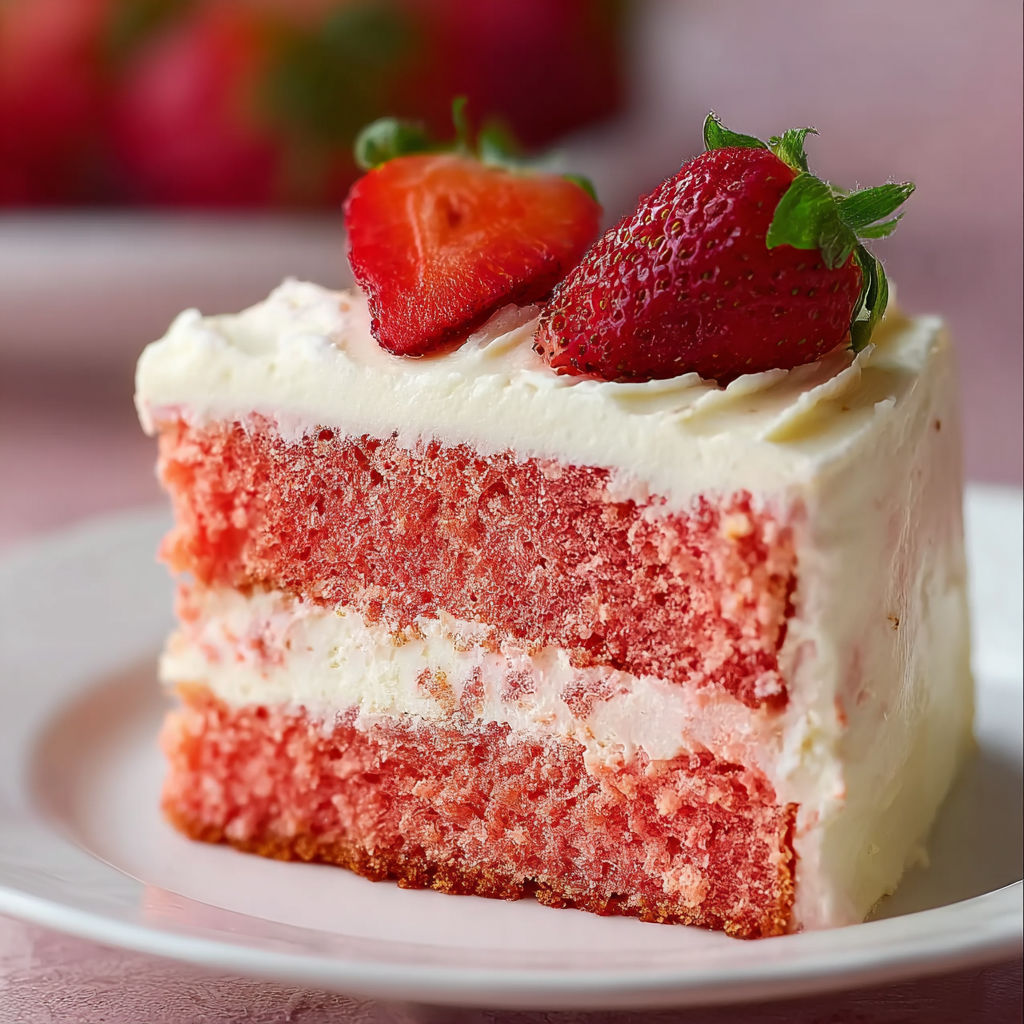 A slice of red velvet cake with strawberries on top.