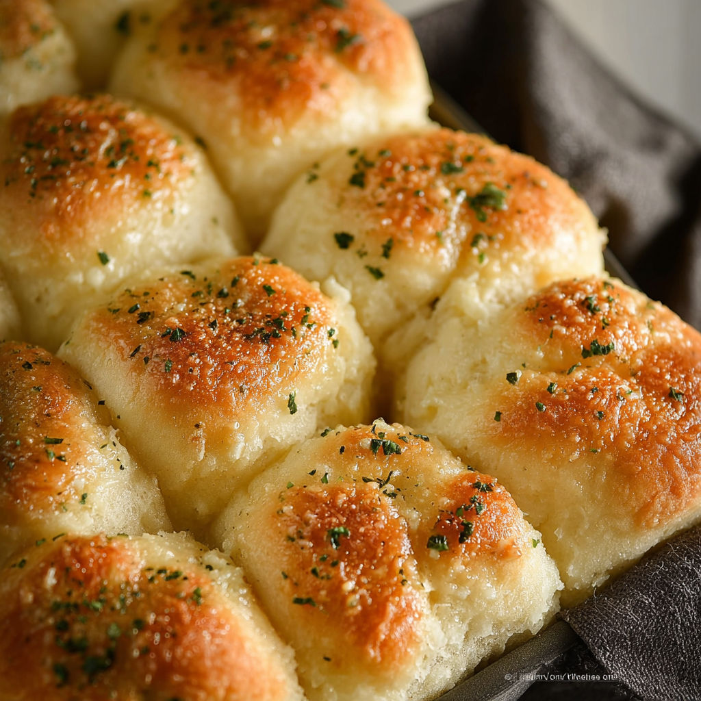 A pan of garlic parmesan dinner rolls.