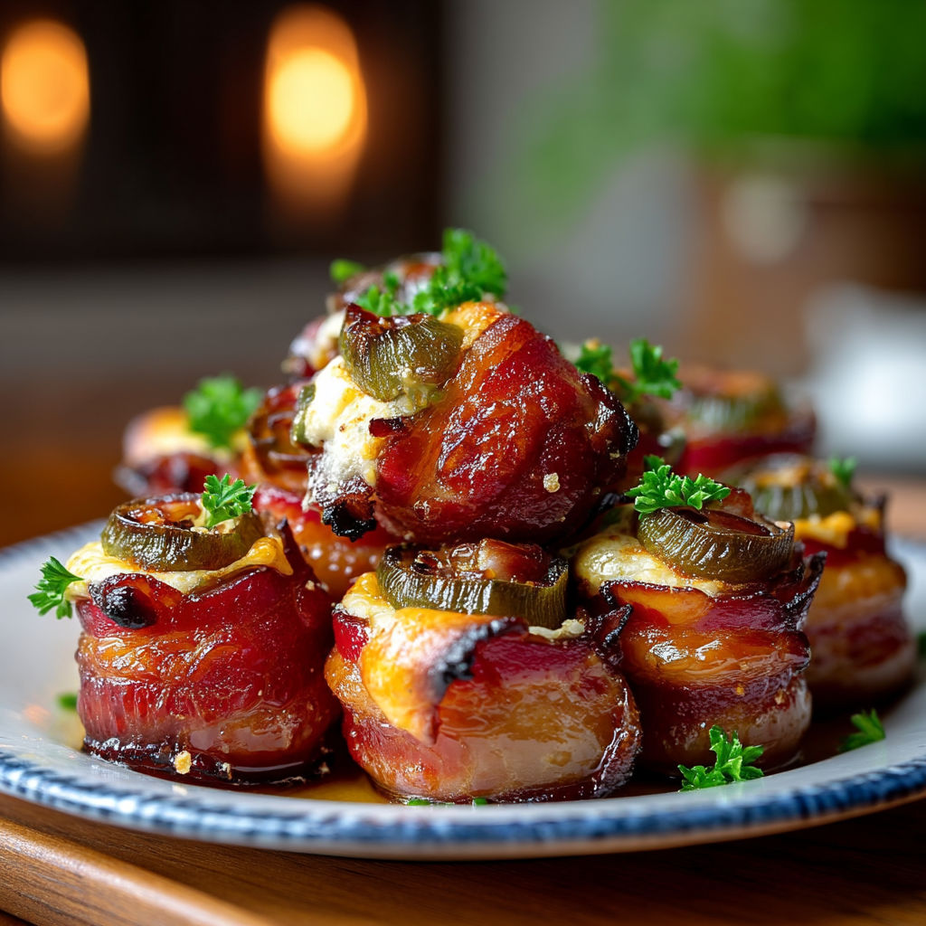 A plate of bacon wrapped around a stick with a green topping.
