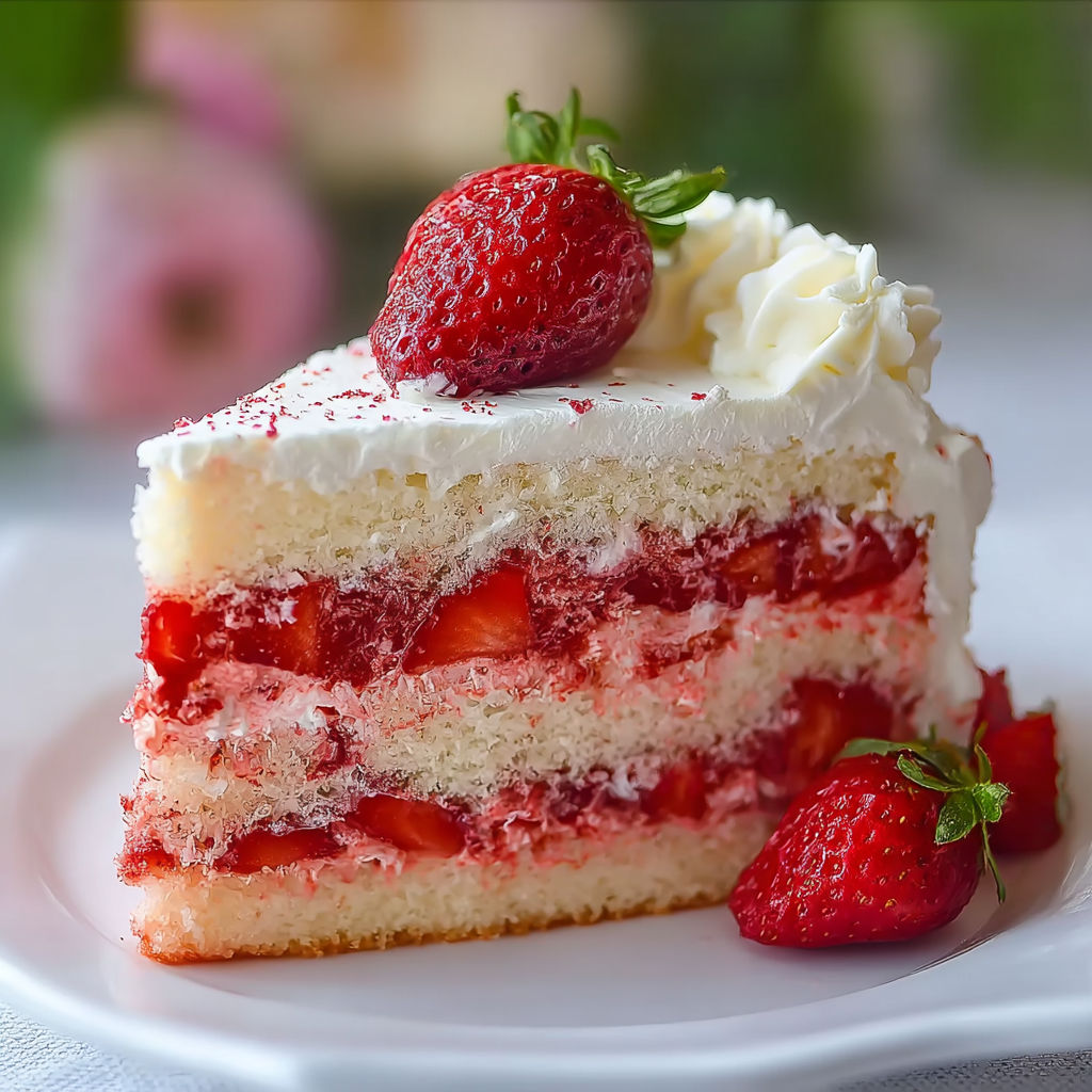 A slice of cake with strawberries on top.