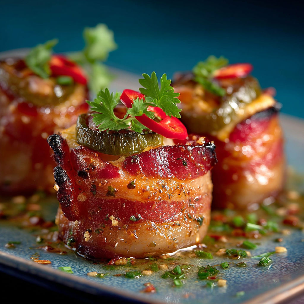 A plate of food with peppers and bacon.