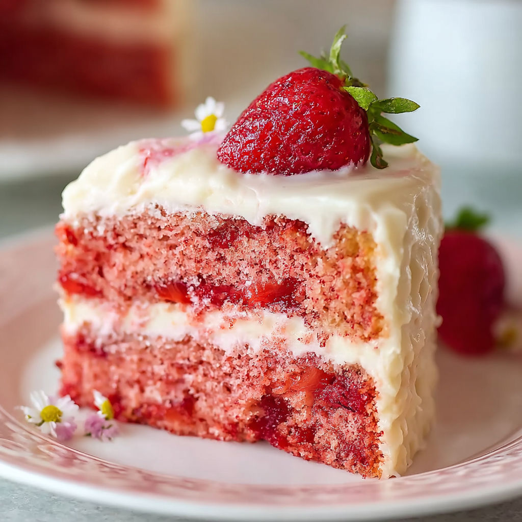 A slice of cake with strawberries on top.