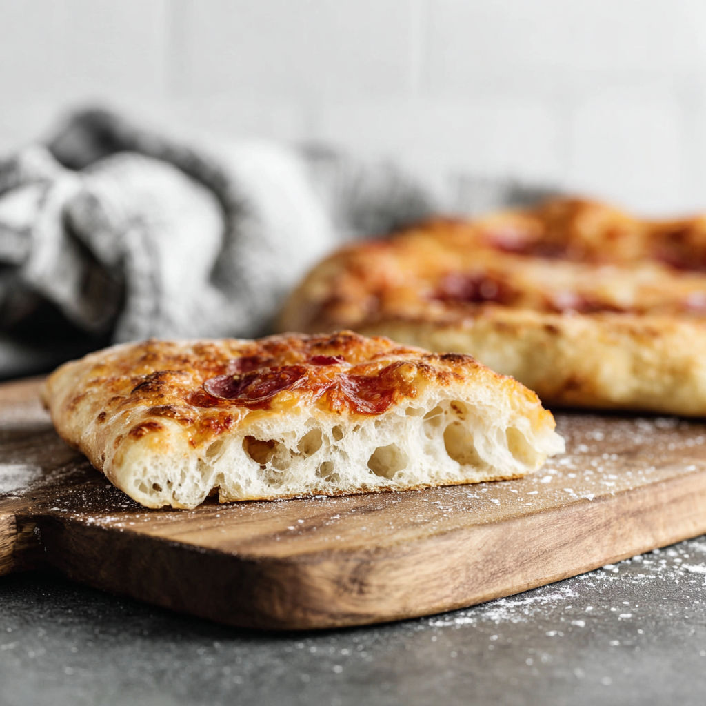 Two slices of pizza on a wooden board.