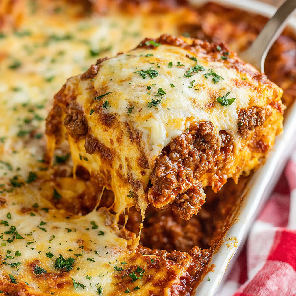A slice of lasagna with meat and cheese.