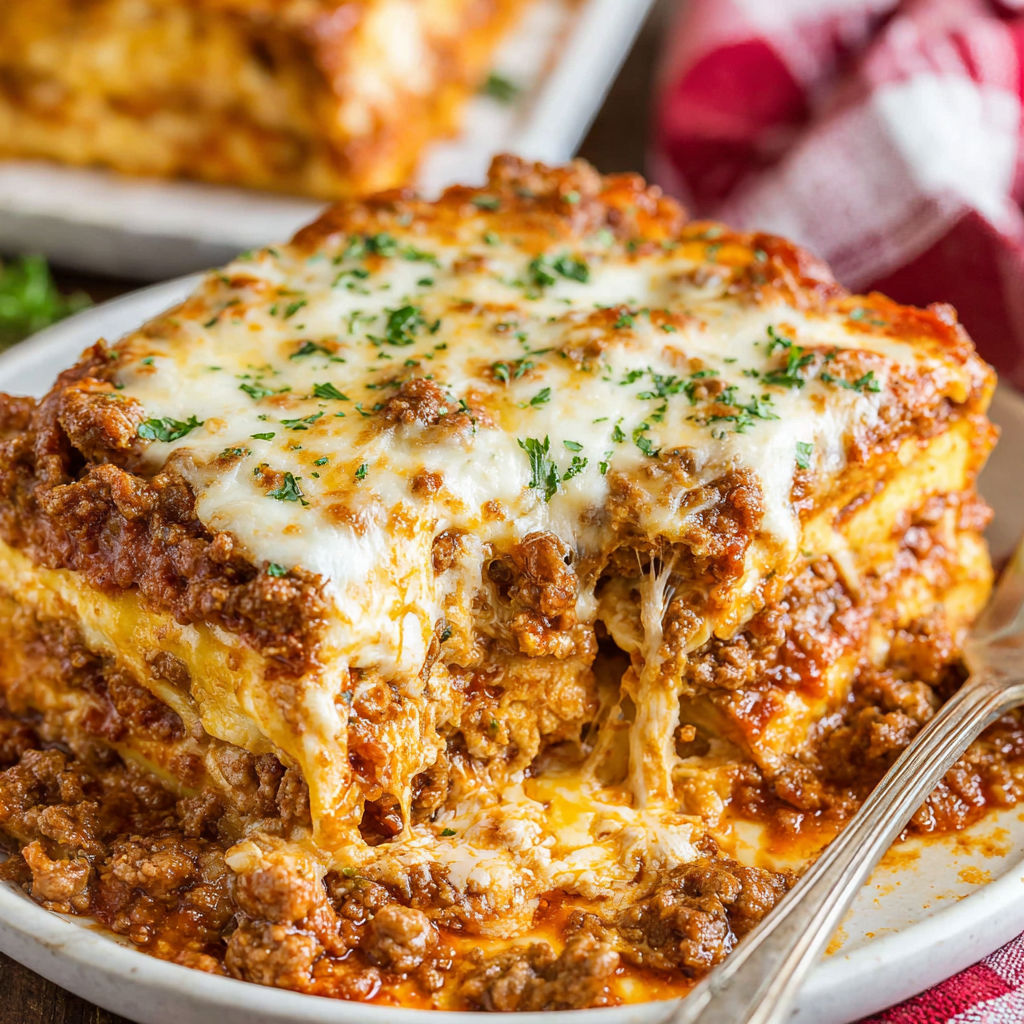 A plate of lasagna with cheese and meat.