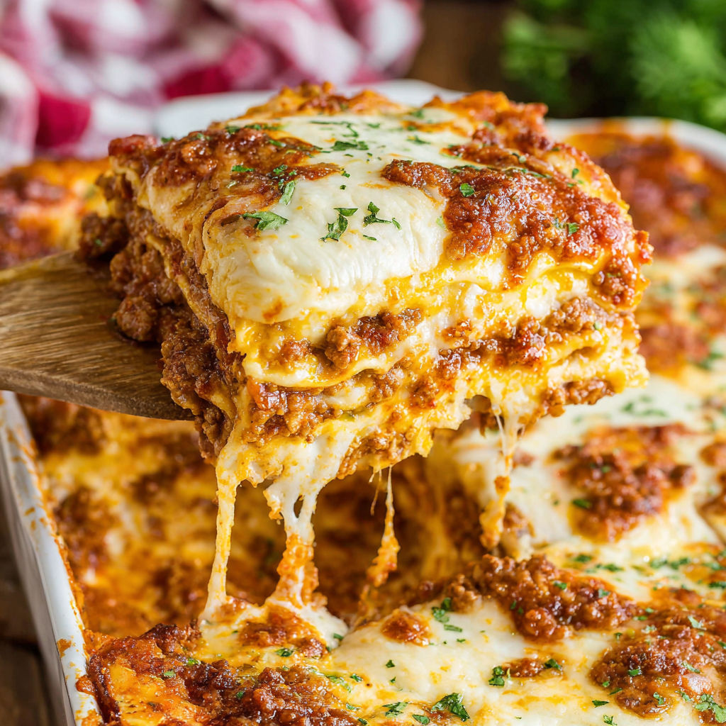 A slice of lasagna with cheese and meat.