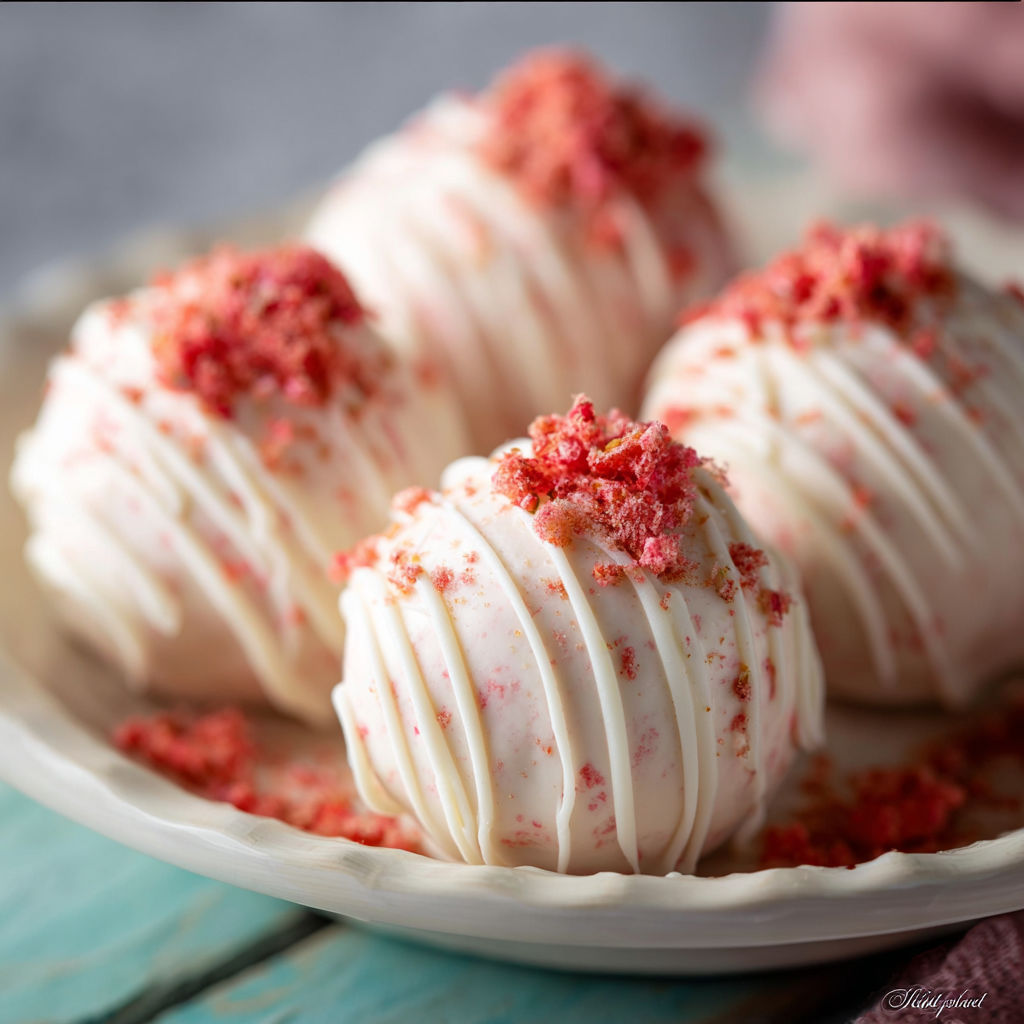 A plate of white and red frosted cake balls.