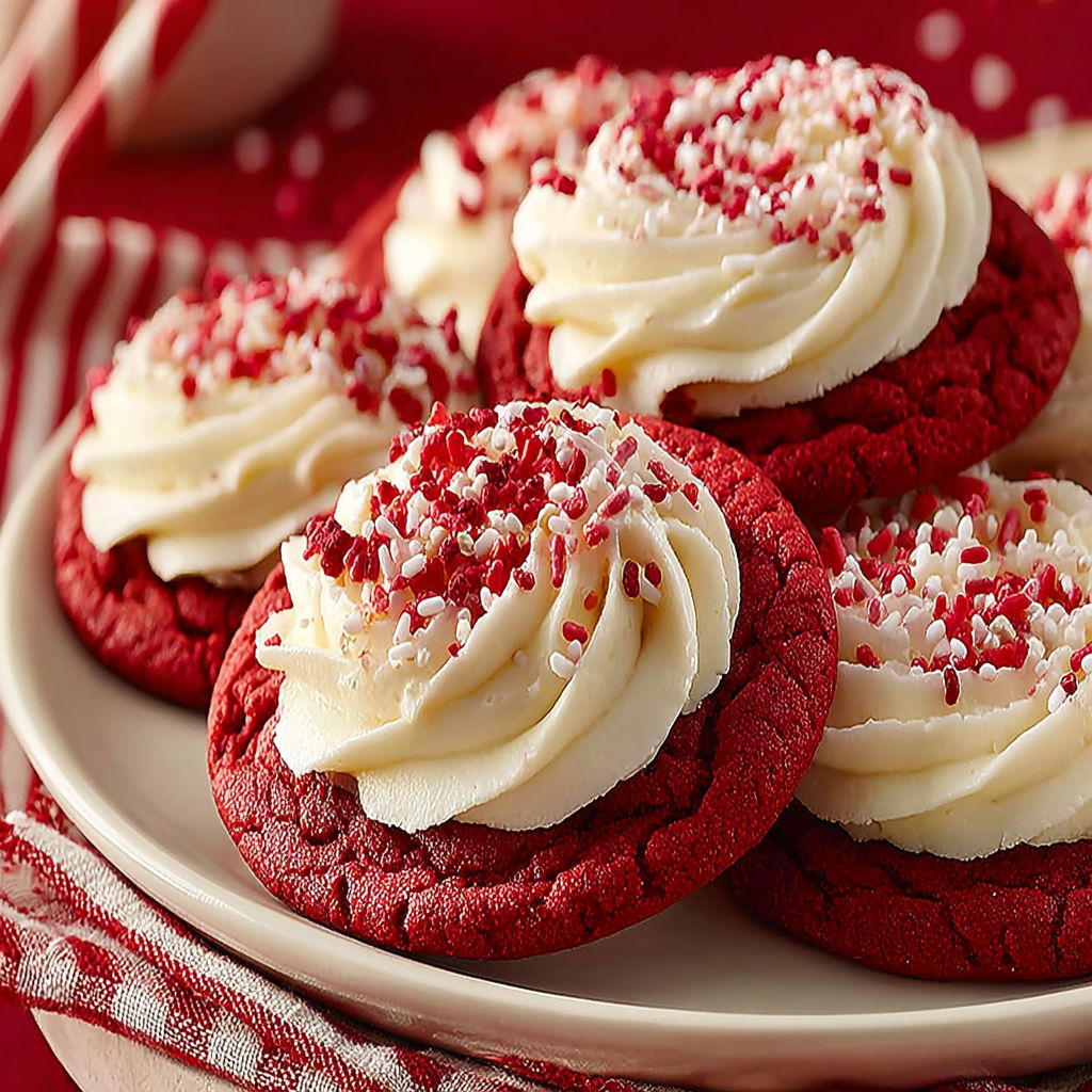 Red velvet cookies with cream cheese frosting.