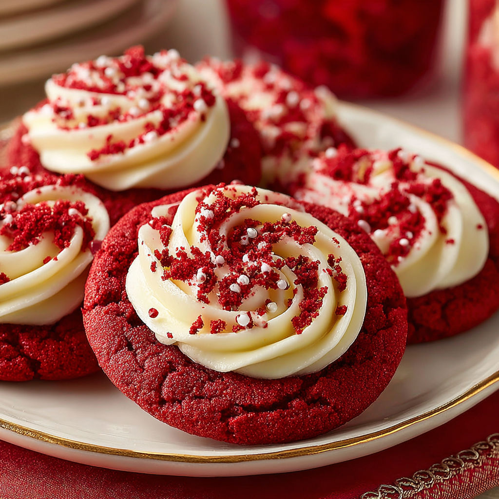 Red velvet cookies with cream cheese frosting.