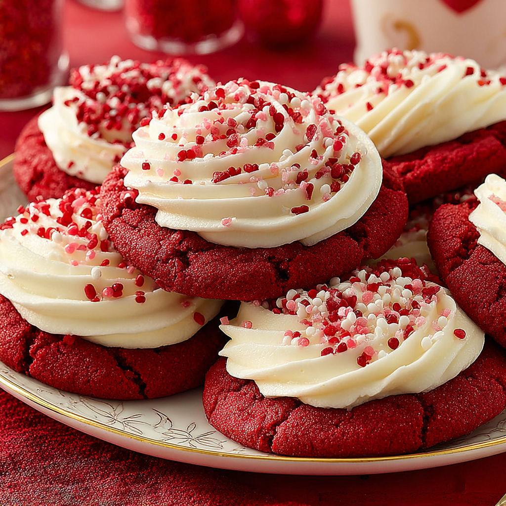 Red velvet cookies with cream cheese frosting.