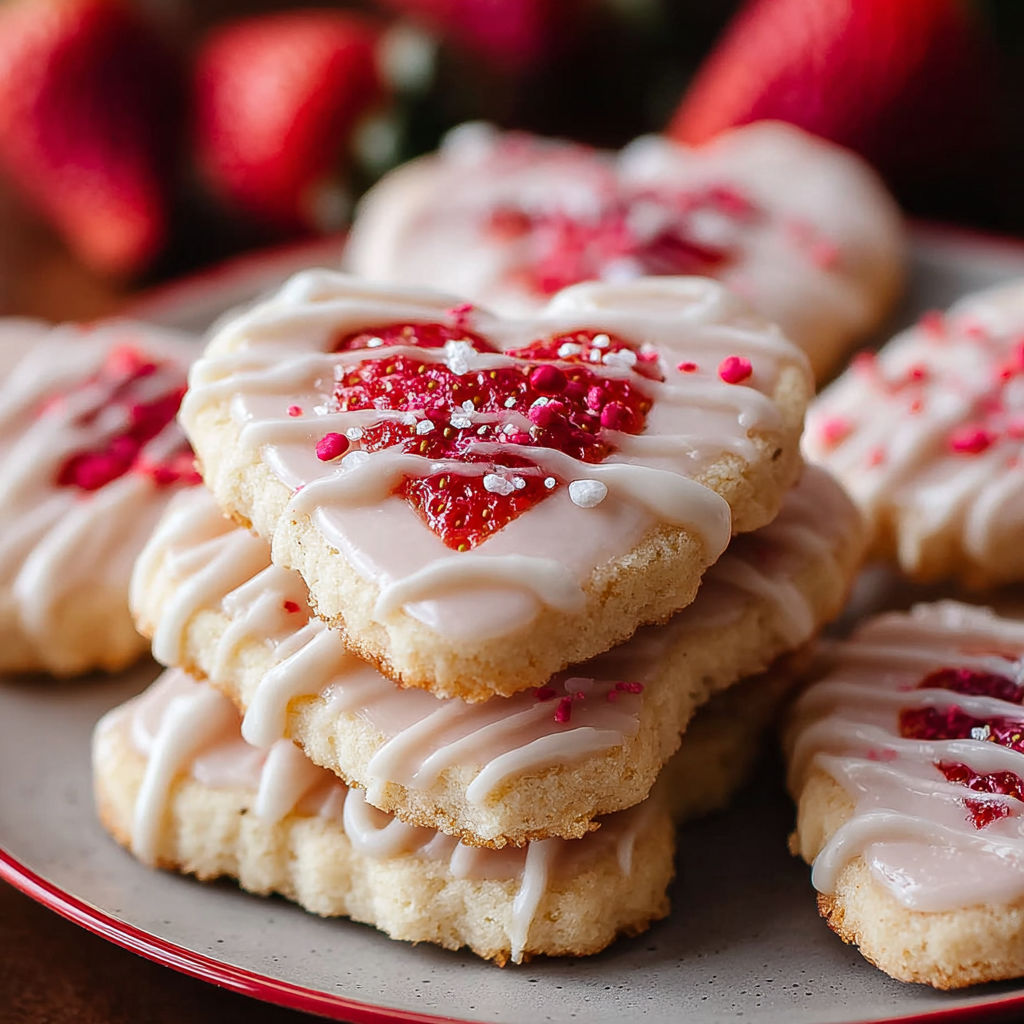 A plate of heart-shaped cookies with strawberries.