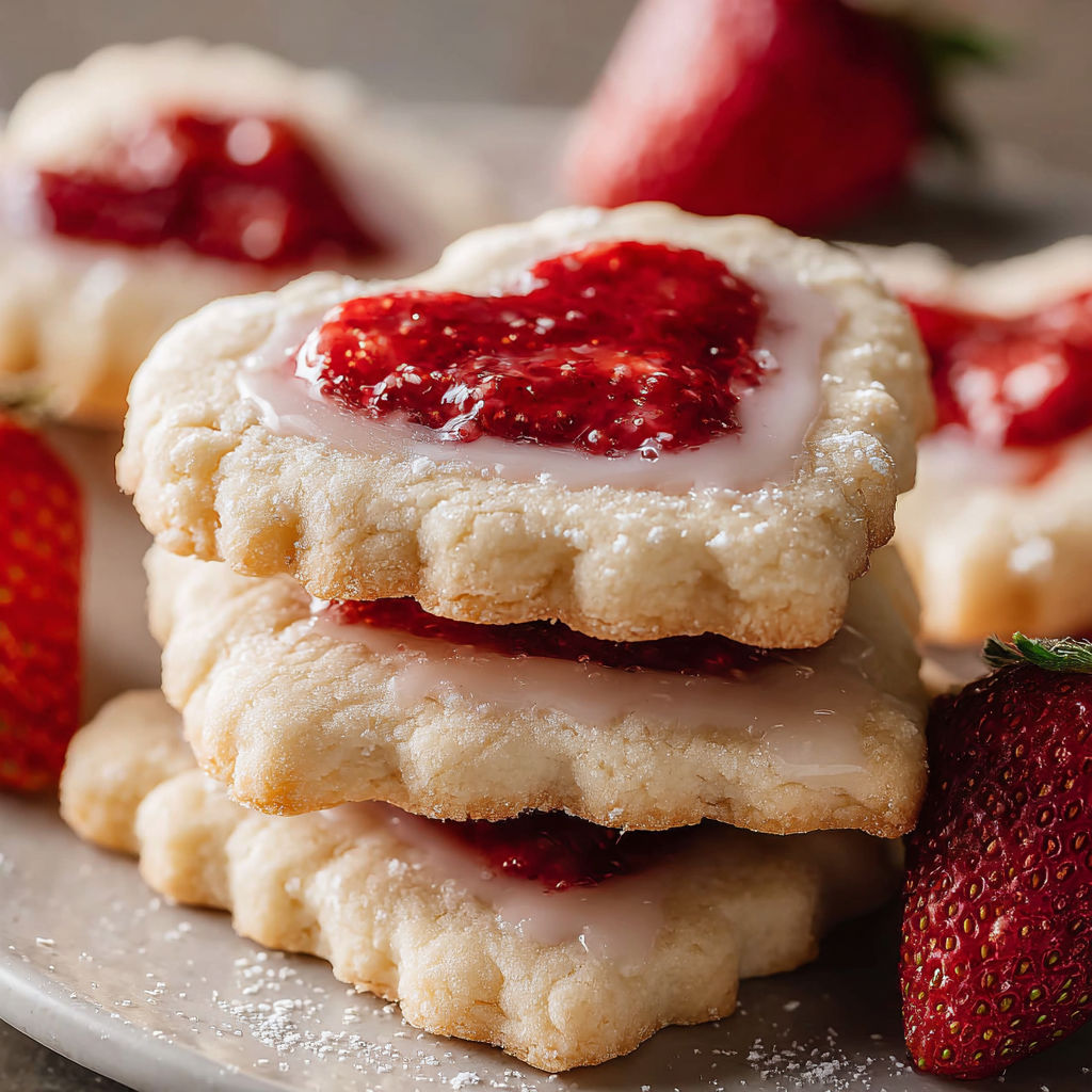 A plate of cookies with strawberries on top.
