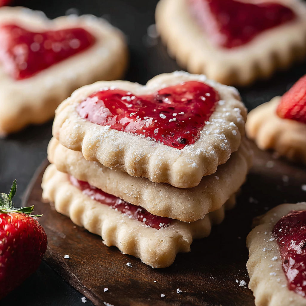 A stack of heart-shaped strawberry shortbread cookies.