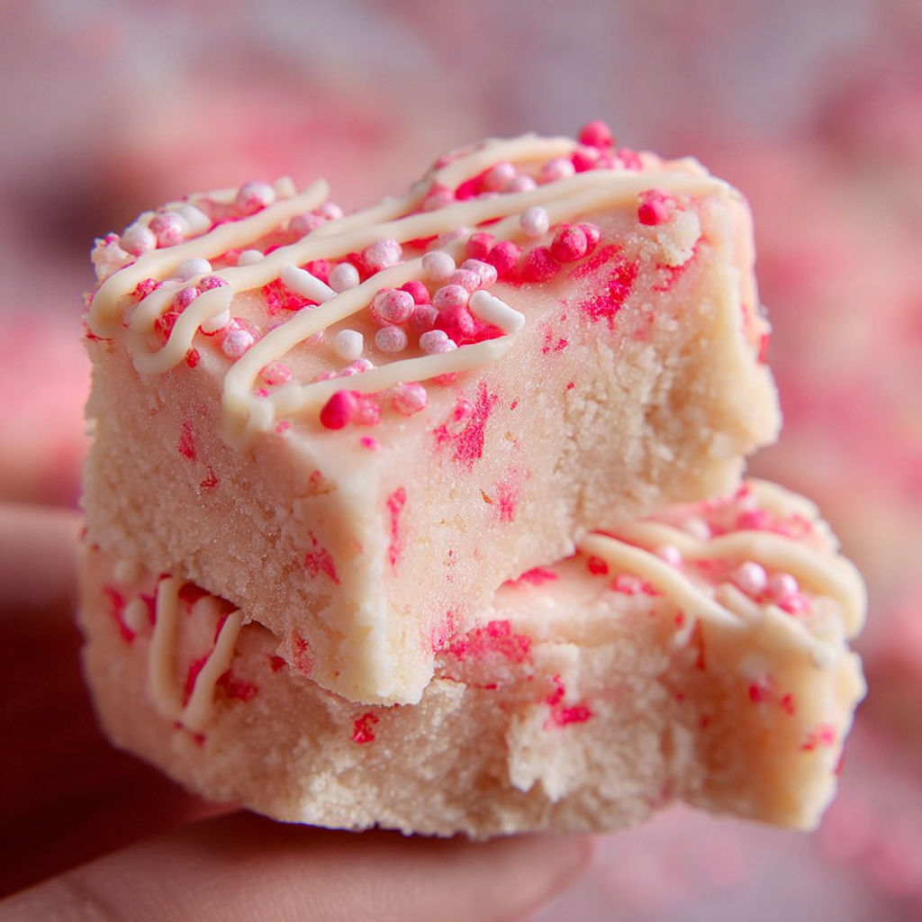 A person is holding a piece of pink and white sugar cookie fudge.