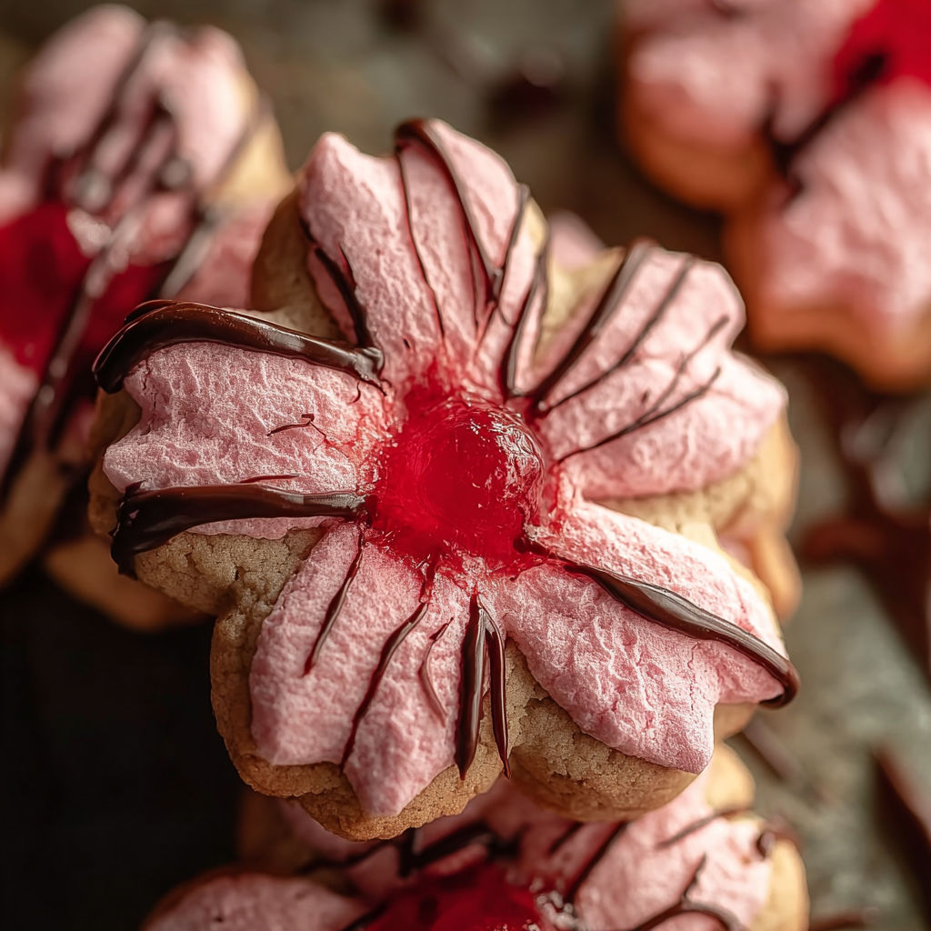 A close up of a cookie with a cherry blossom design.