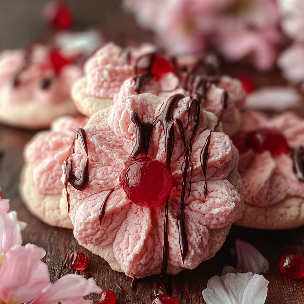 A cookie with chocolate drizzled on top and a cherry in the middle.