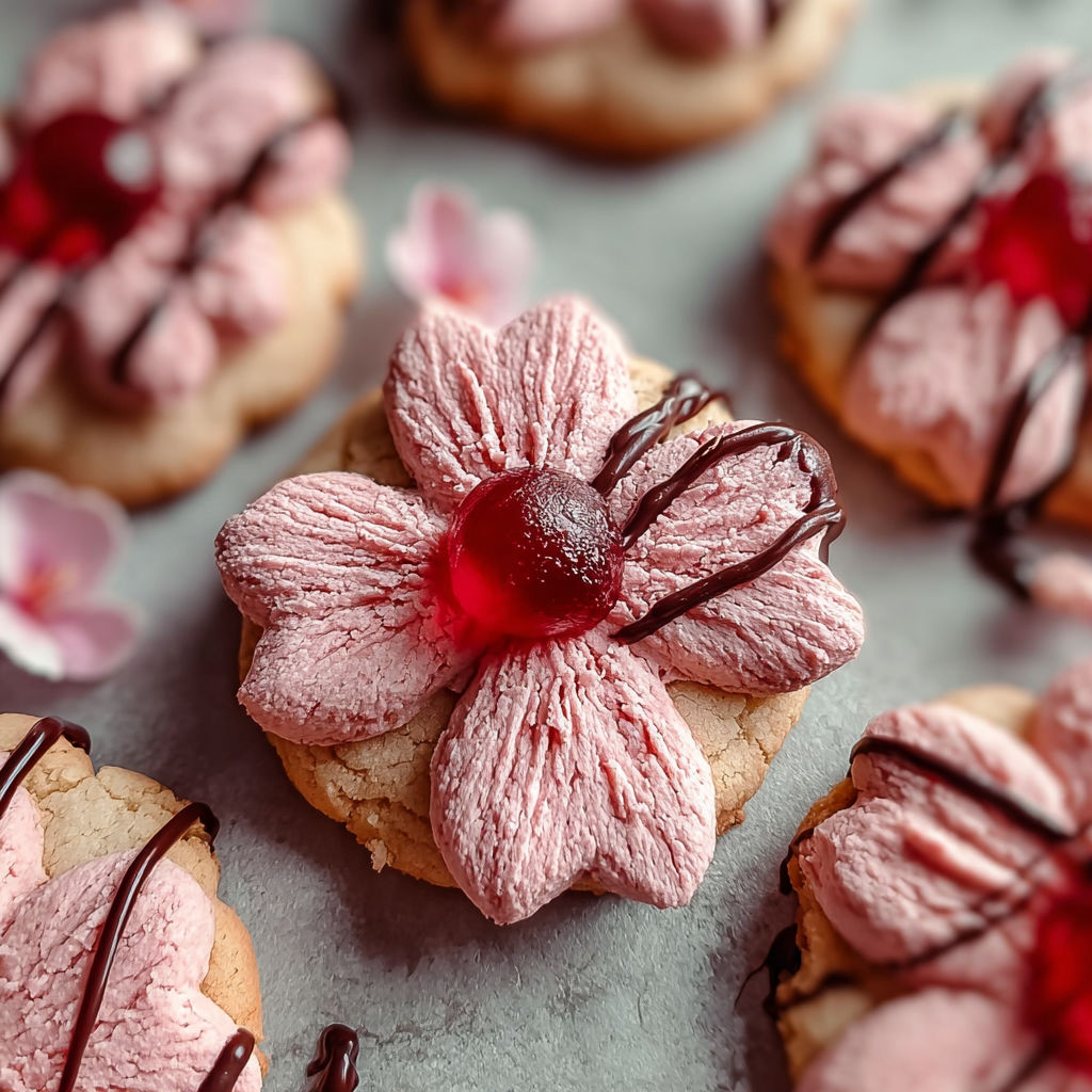 A cookie with a cherry blossom on top.