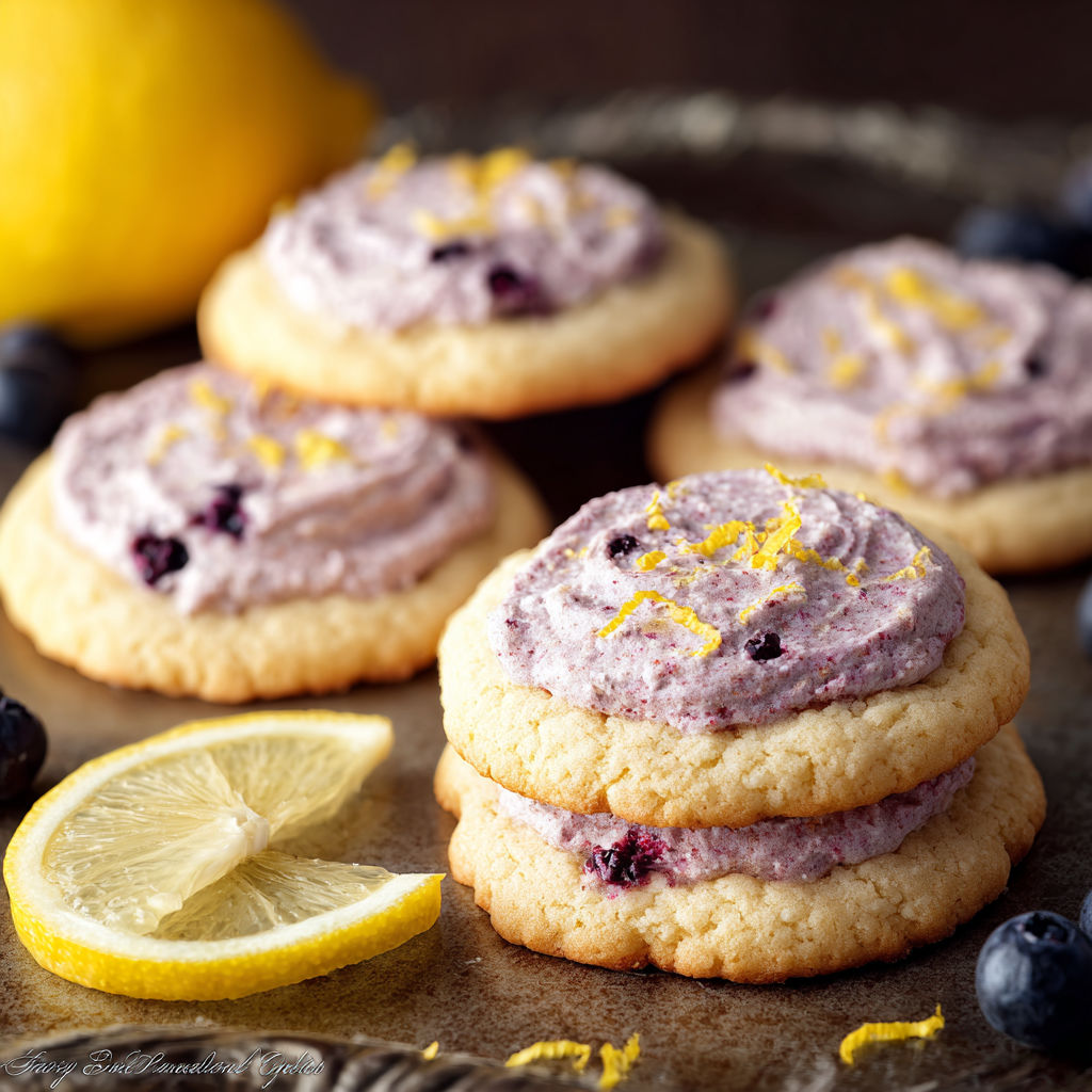 A plate of cookies with lemon and blueberry flavors.