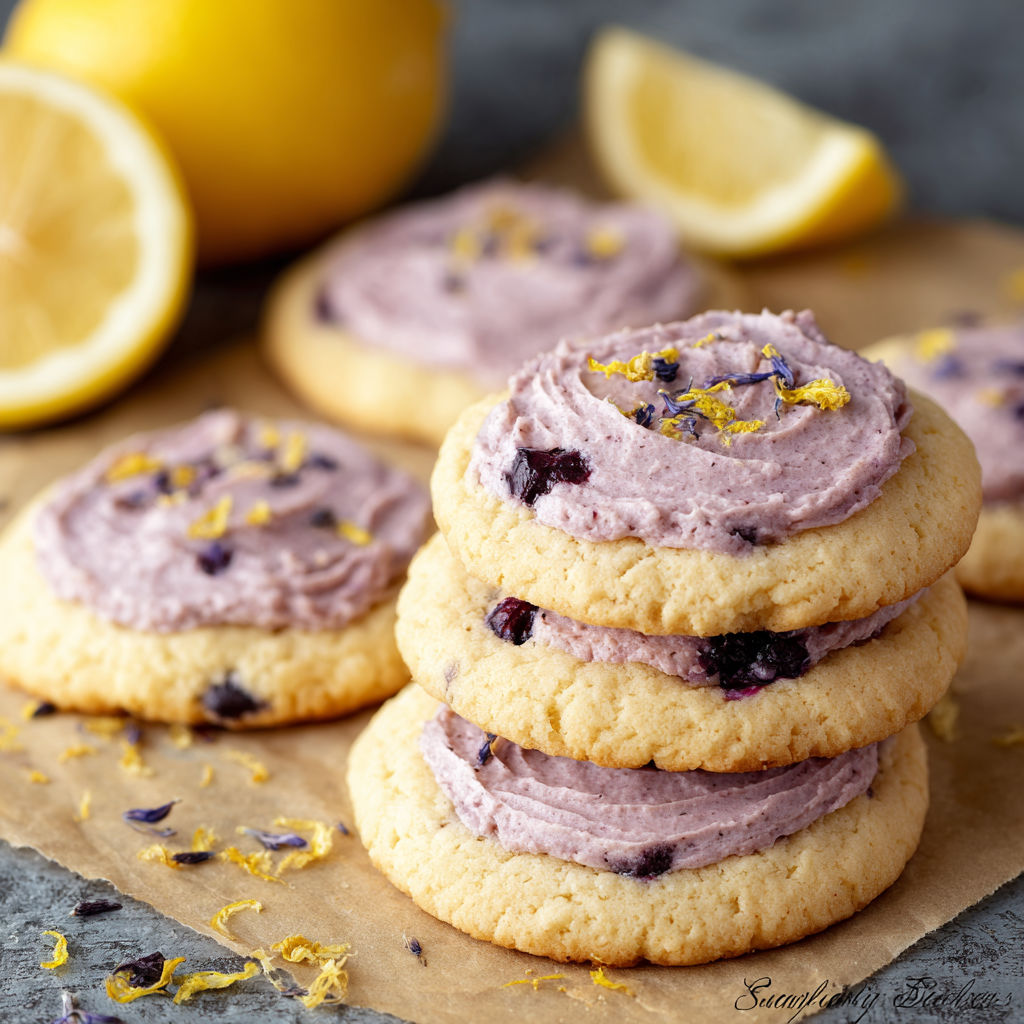 A stack of cookies with blueberry filling and lemon zest.