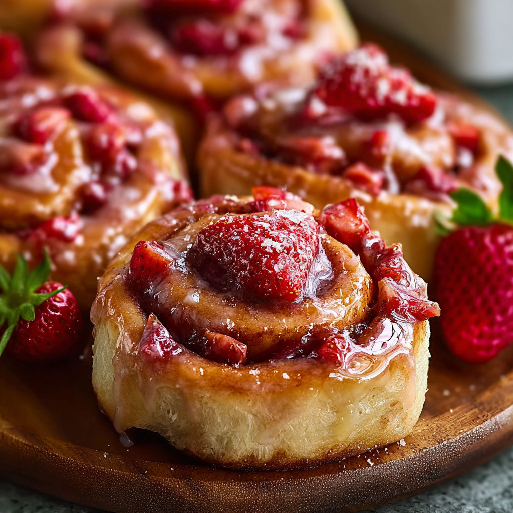 A plate of cinnamon rolls with strawberries on top.