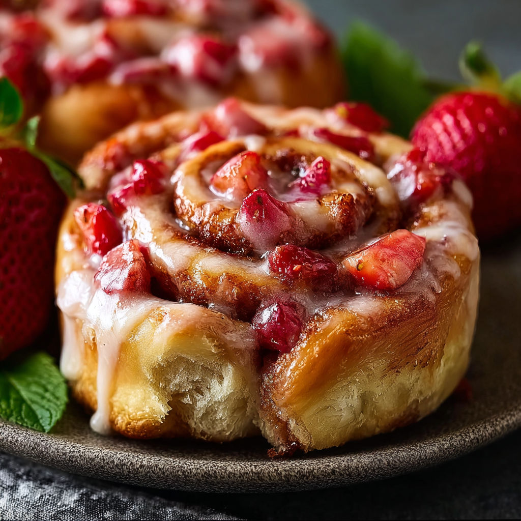 A plate of delicious strawberry cinnamon rolls.