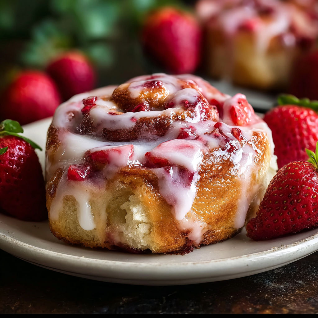 A delicious strawberry cinnamon roll on a plate.