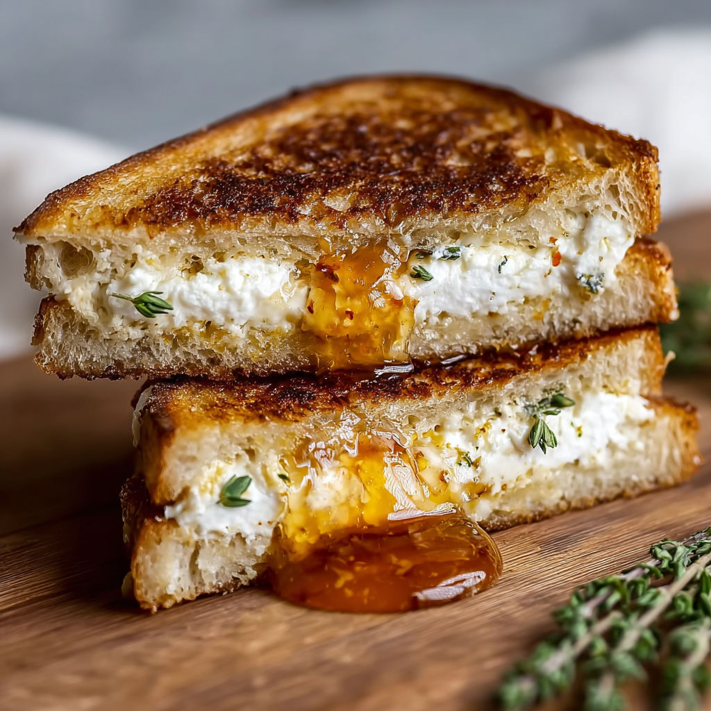A grilled cheese sandwich with honey drizzled on top.