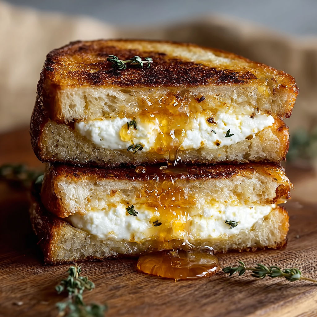A sandwich with goat cheese and honey on a wooden table.