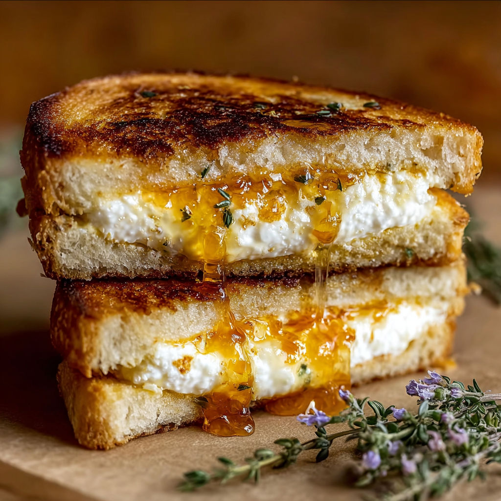 A sandwich with goat cheese and honey on it.