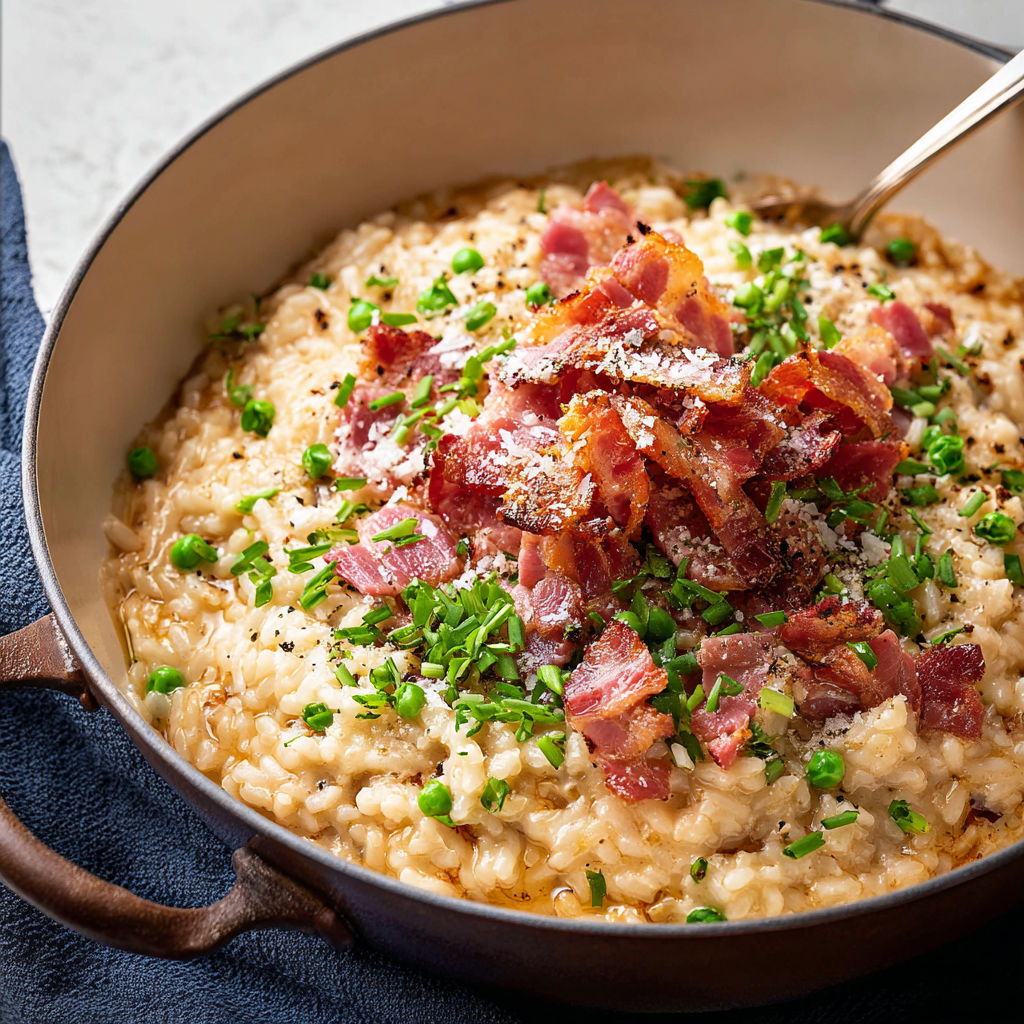 A bowl of bacon risotto with peas.