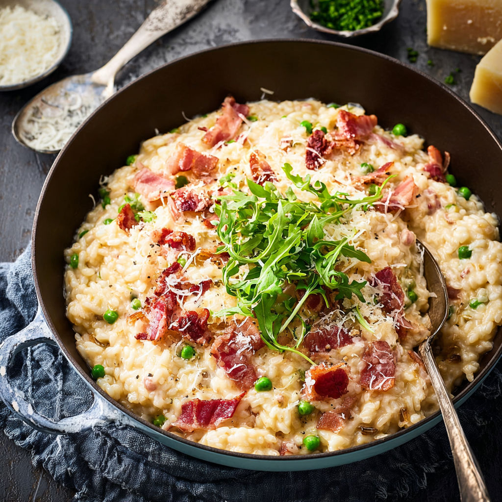 A bowl of pasta with bacon and peas.