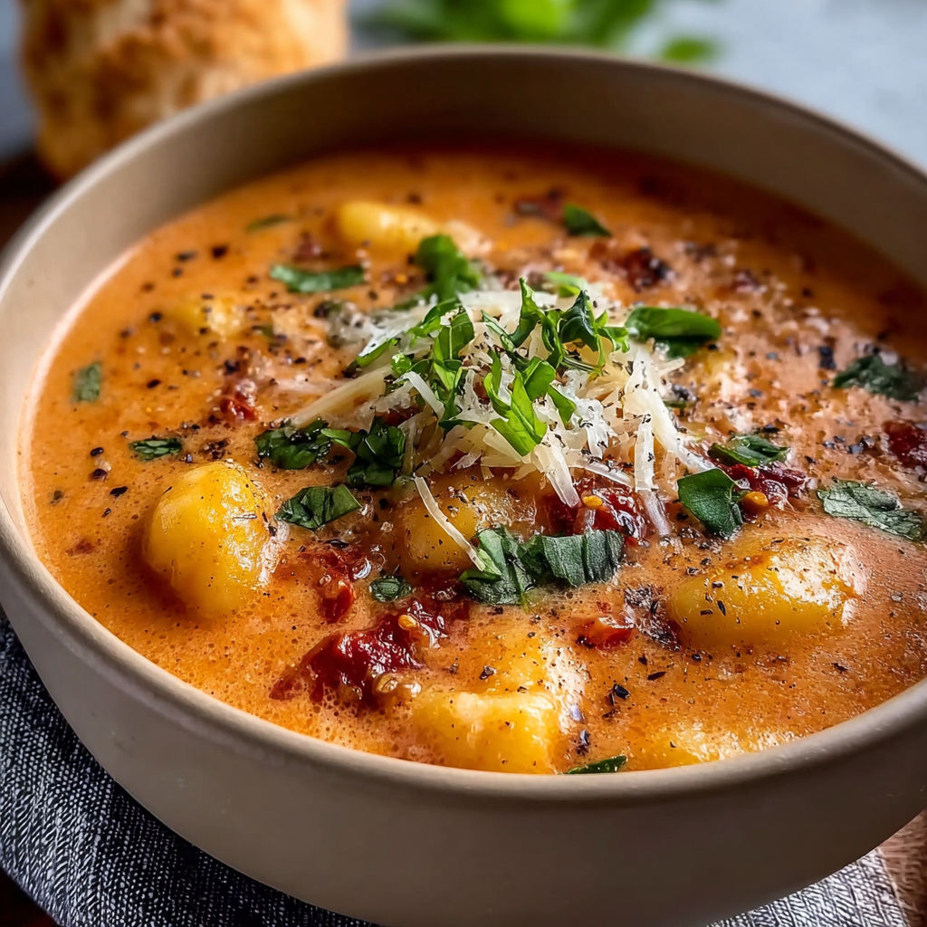 A bowl of soup with a garnish of sun dried tomatoes.