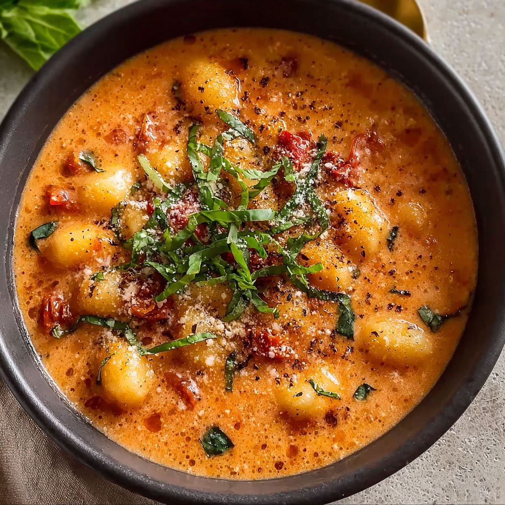 A bowl of soup with a green garnish.