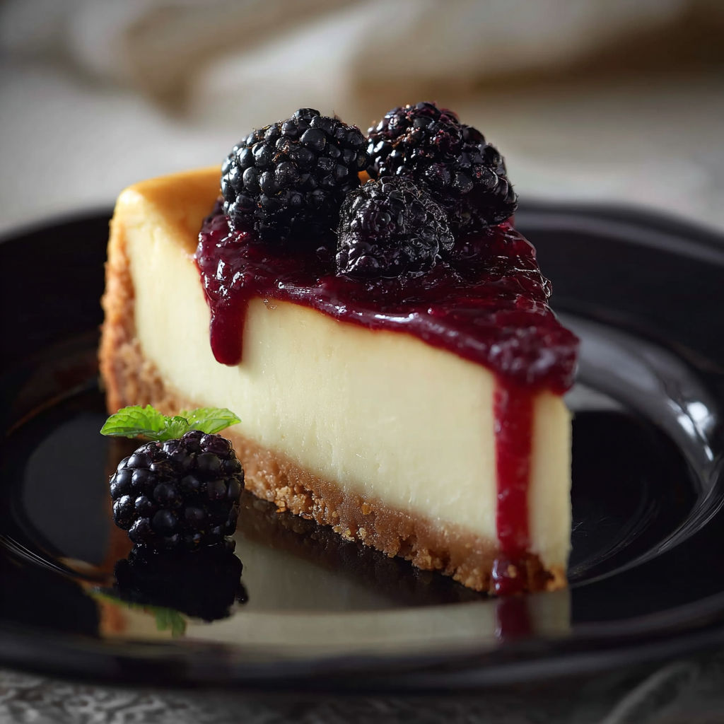 A slice of cheesecake with blackberries on top.