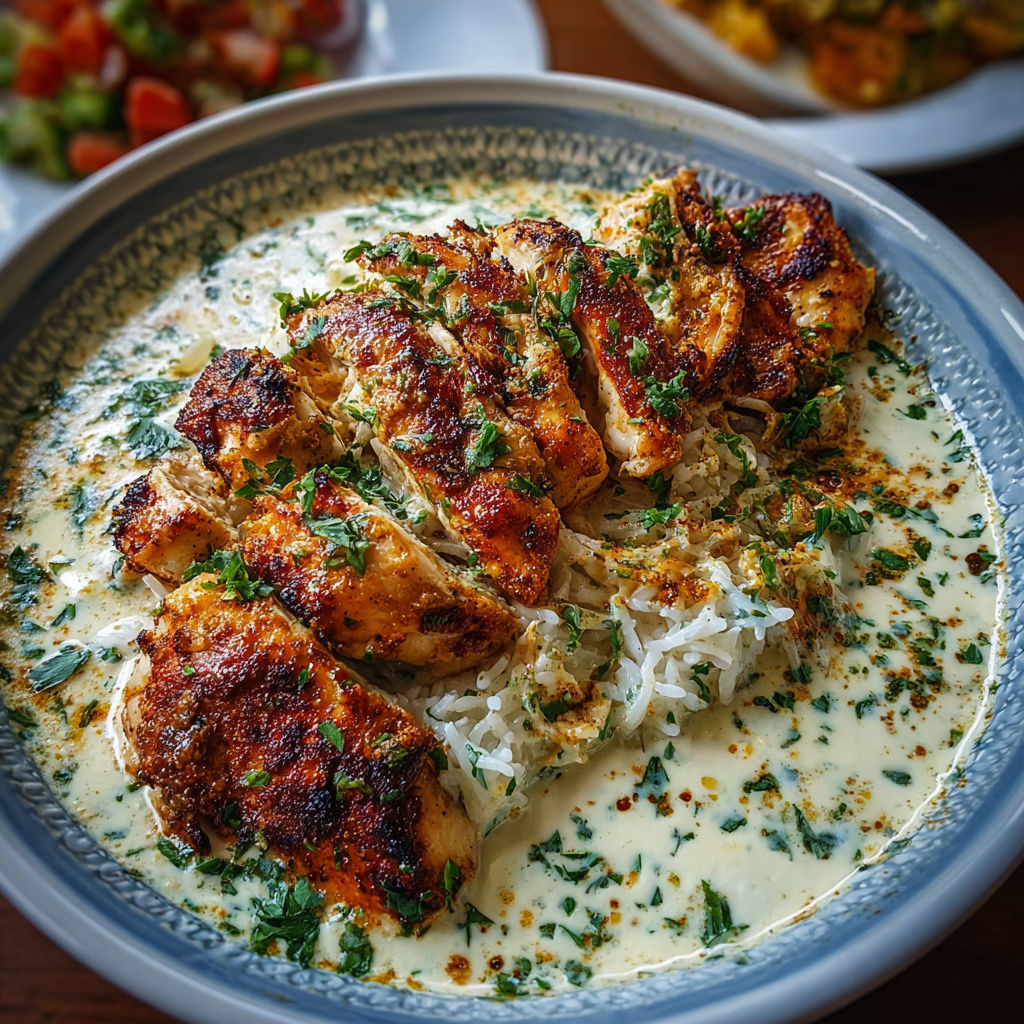 A plate of chicken with a creamy white sauce.