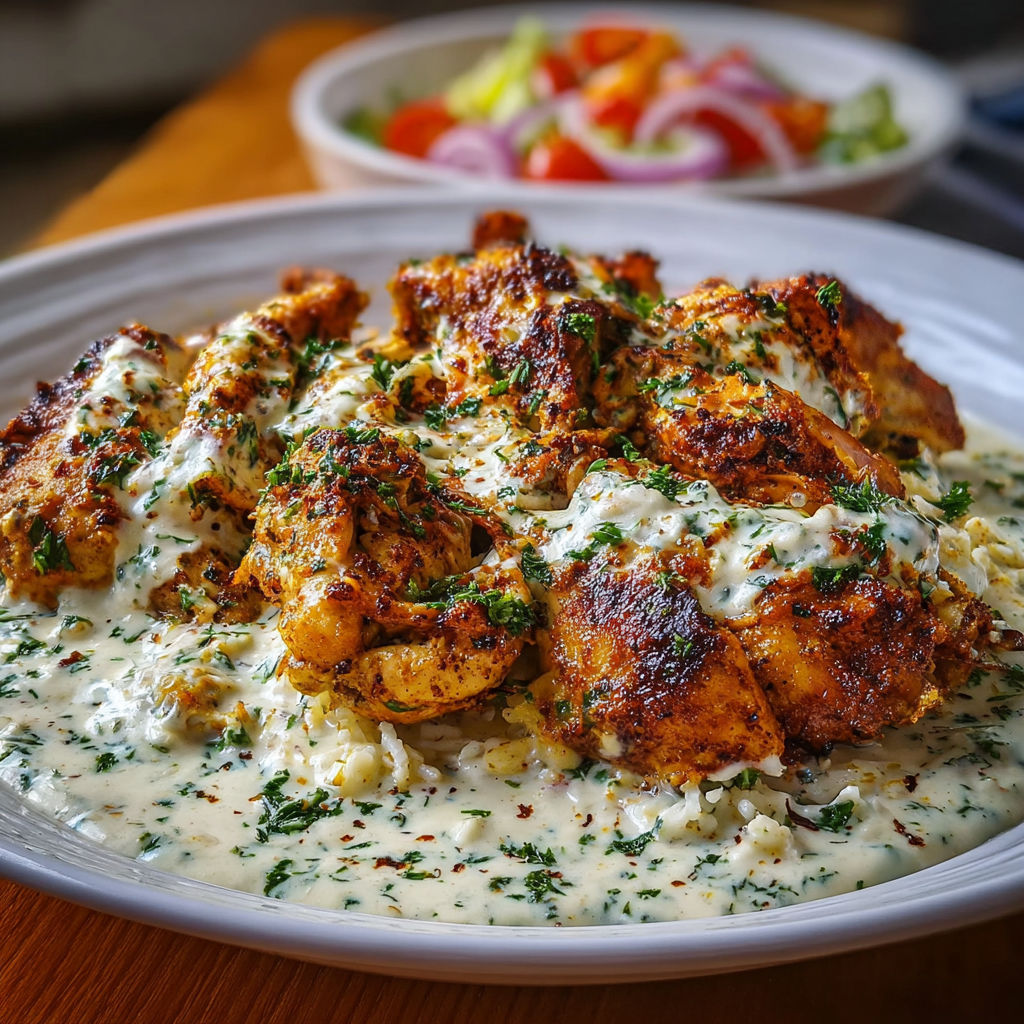 A plate of chicken with a white sauce on it.