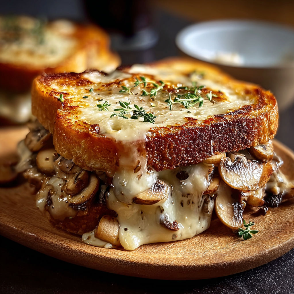 A sandwich with mushrooms and cheese.