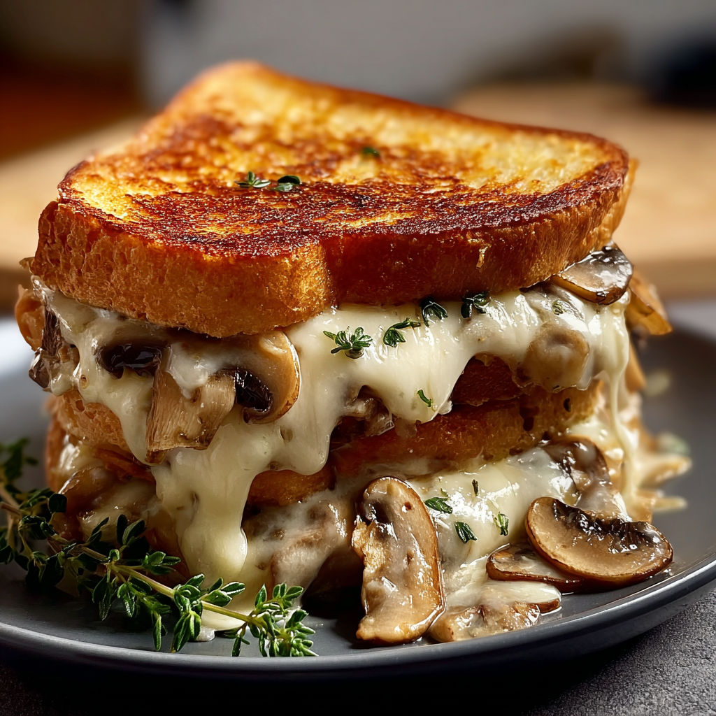 A sandwich with mushrooms and cheese on a plate.
