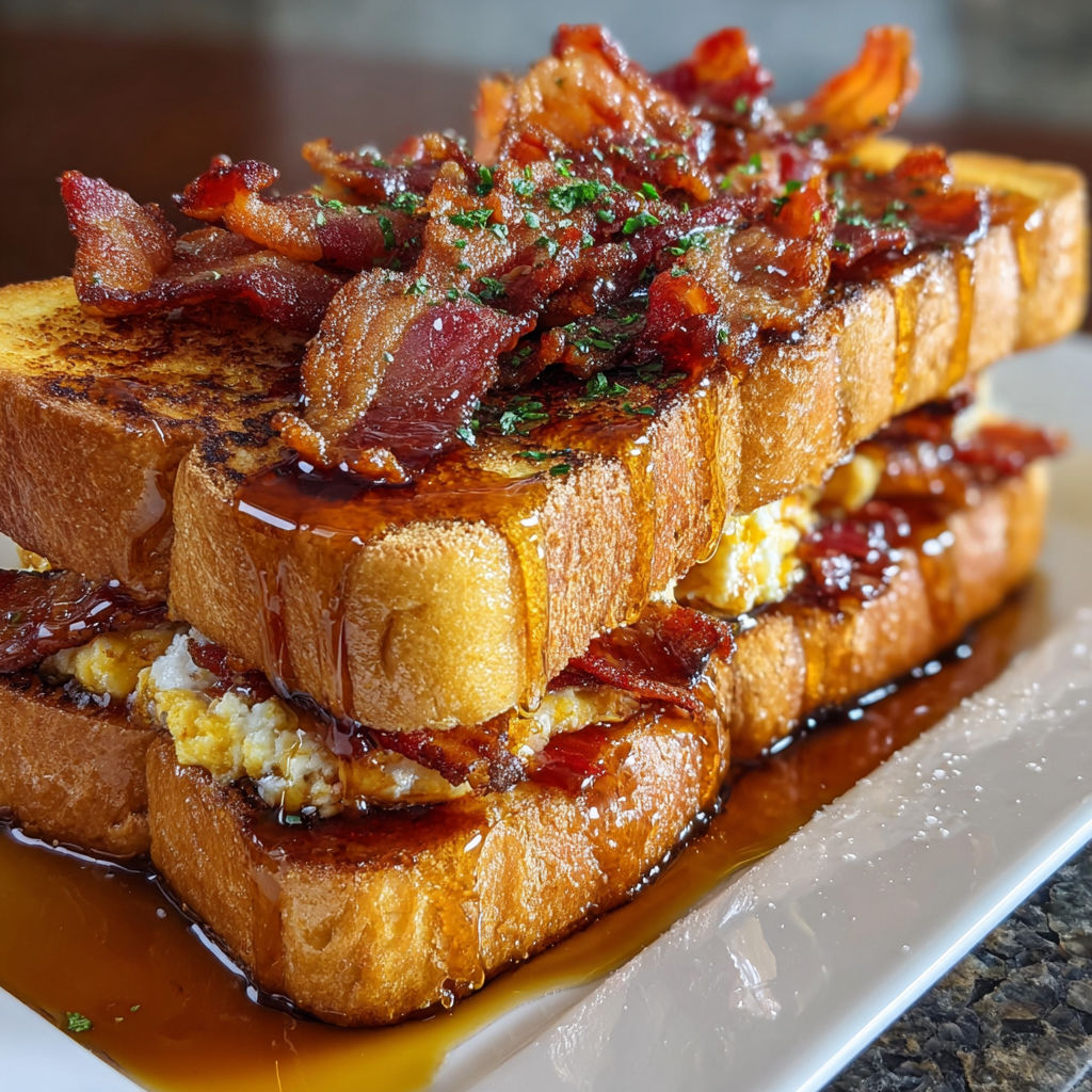 A plate of bacon stuffed toast with maple syrup.