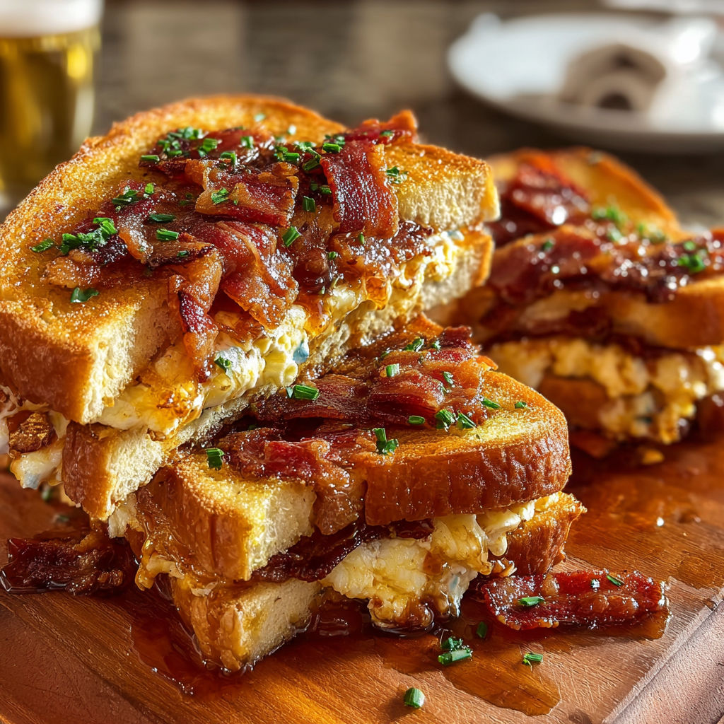 A stack of bacon sandwiches on a wooden table.