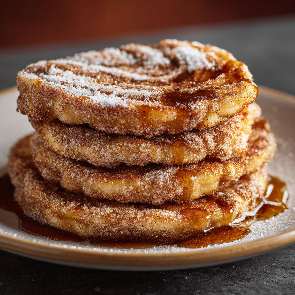 A stack of doughnuts with powdered sugar and caramel drizzle.