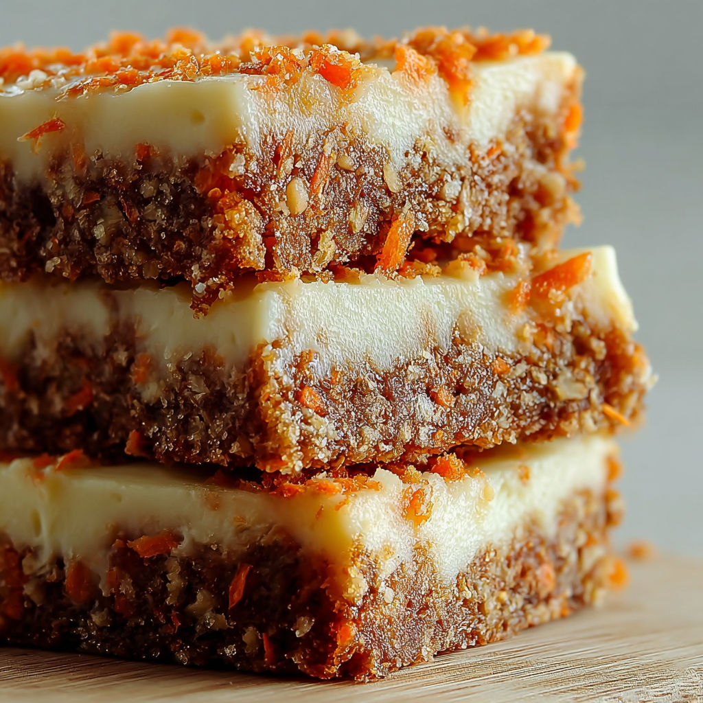 Three layers of carrot cake bars with cream cheese frosting.