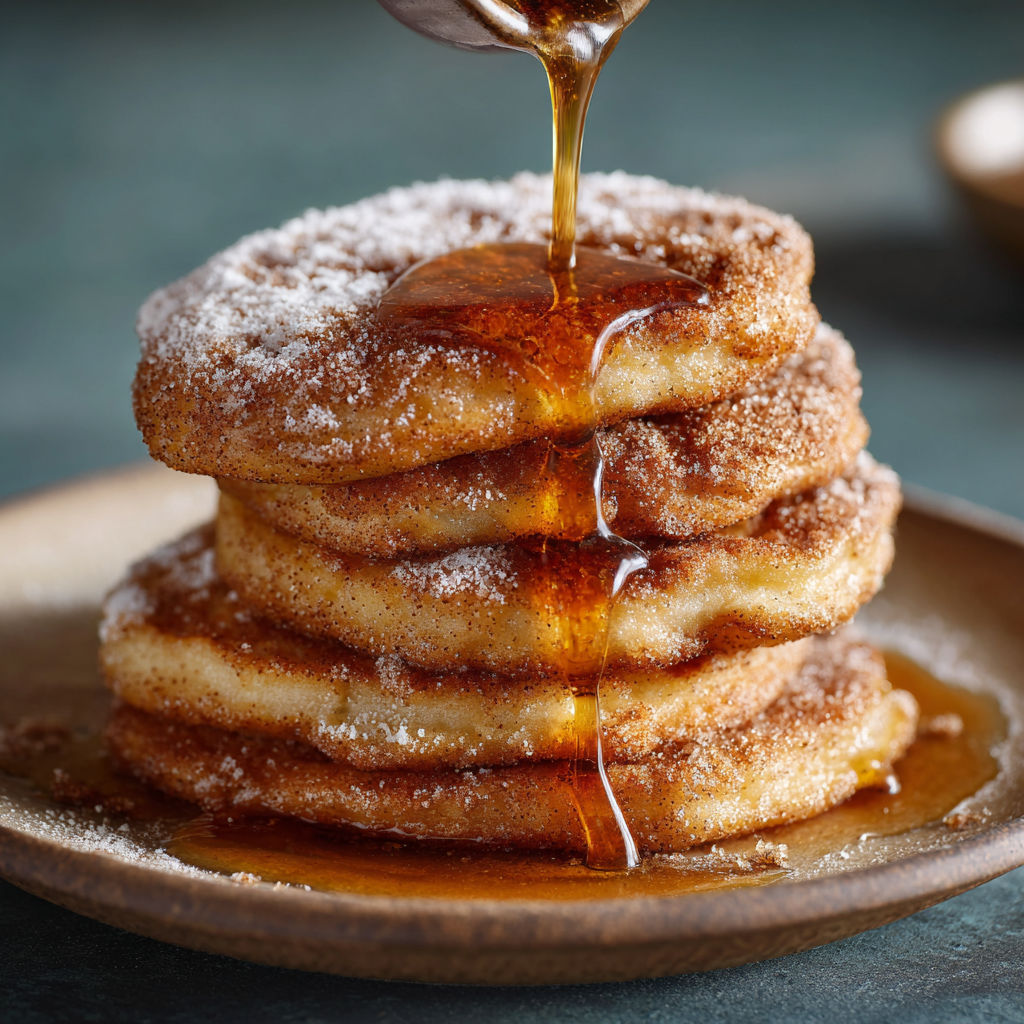 A stack of doughnuts with syrup drizzled on top.