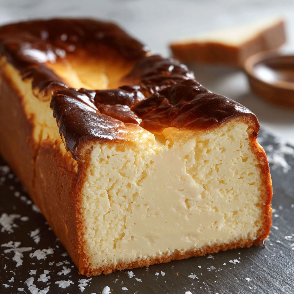 A slice of burnt basque cheesecake in a loaf pan.