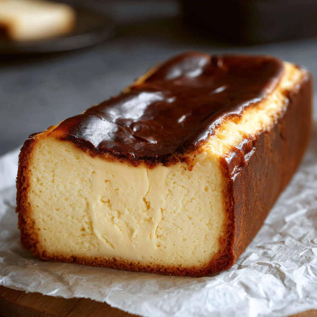 A slice of burnt basque cheesecake in a loaf pan.