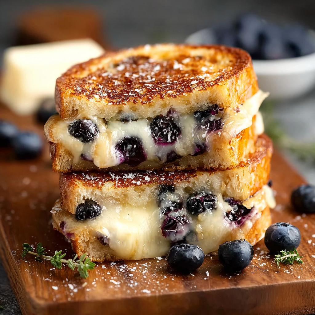 A stack of grilled cheese sandwiches with blueberries on top.