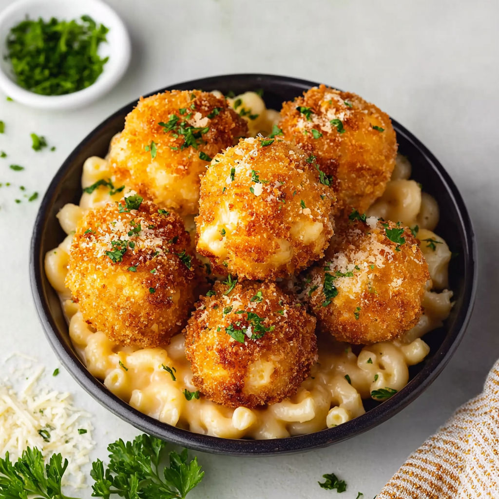 A bowl of macaroni and cheese balls.