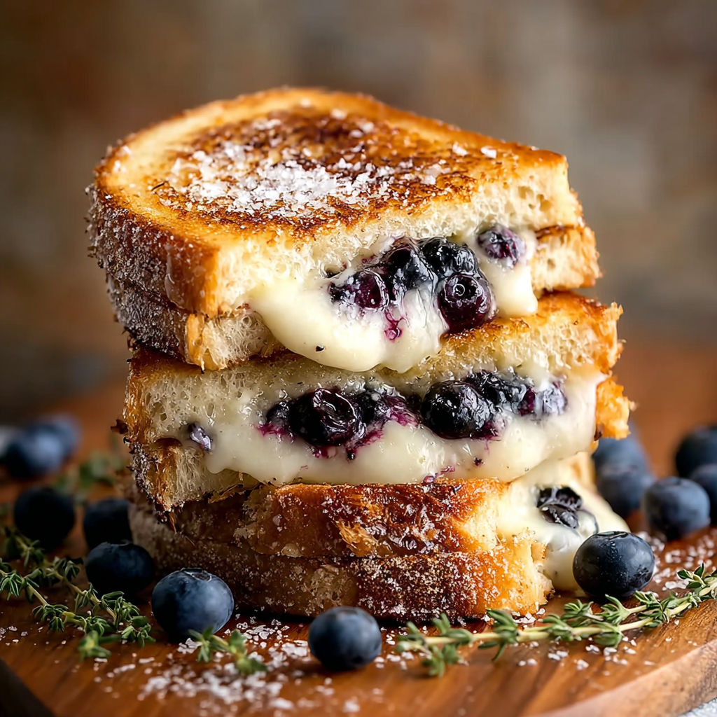 A stack of three grilled cheese sandwiches with blueberries on top.
